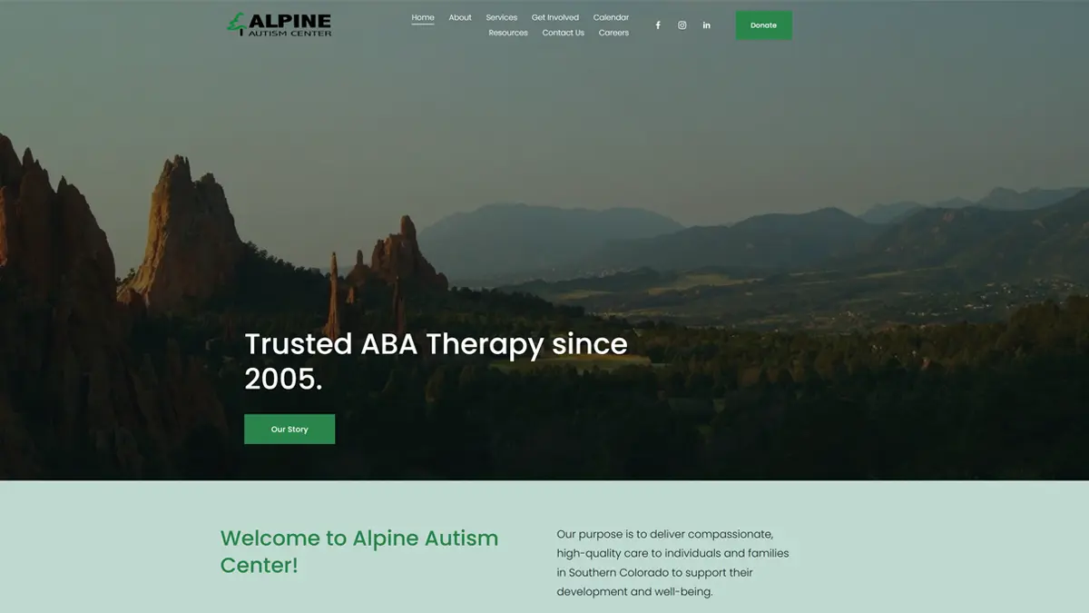 Screenshot of the Alpine Autism Center website homepage