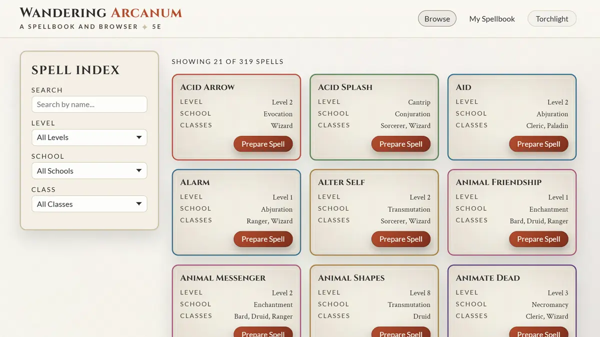 Screenshot of the Wandering Arcanum spellbook interface